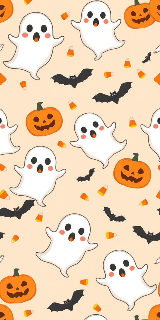 Create a repeating pattern featuring cute cartoon ghosts in white with surprised expressions orange jack-o-lanterns with grinning faces black bats scattered throughout and small candy corn pieces on a light peach background