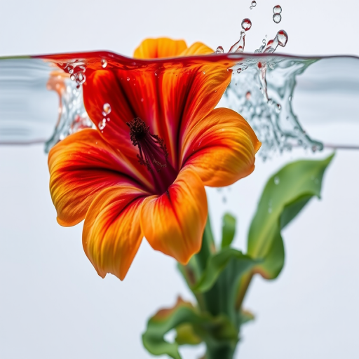 A vibrant flower submerged in water with splashes of color, high-speed photography, aperture f/2.8, shutter speed 1/1000s, ISO 200, 50mm lens, soft focus background, studio lighting, captured in a DSLR camera.
