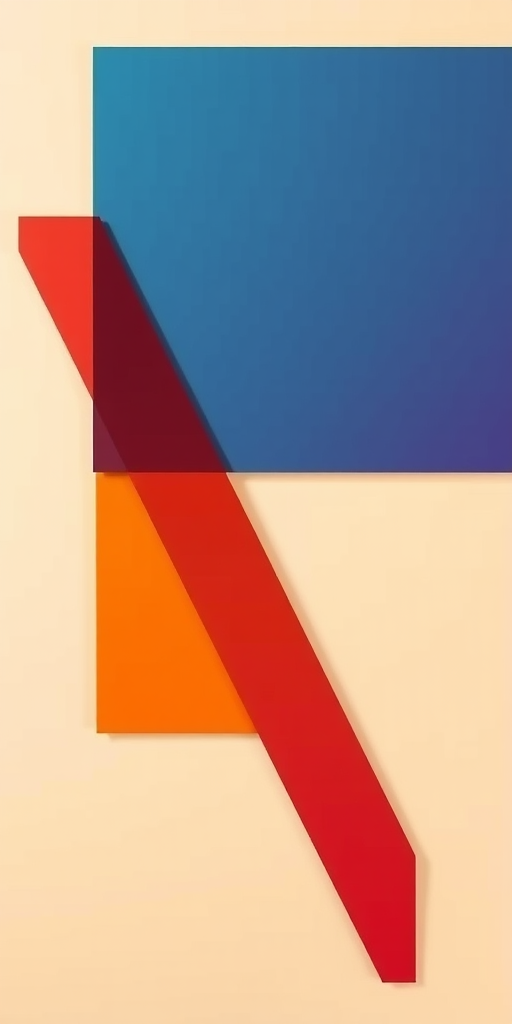 Create an abstract geometric composition with vibrant colors including teal, purple, orange, and red on a beige background, photographed with a Canon EOS R5, f/8 aperture, ISO 100, 35mm lens, top-down view, high dynamic range settings for enhanced image quality.