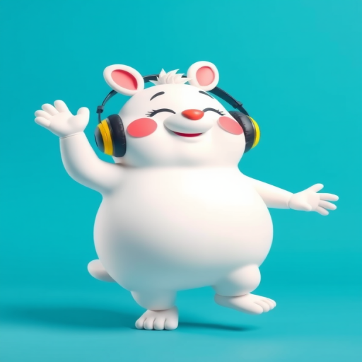A cheerful cartoon character resembling a plump white animal with headphones dancing joyfully against a solid blue background, captured with a Canon EOS R5, 50mm lens, f/1.8 aperture, ISO 100, soft lighting, and vibrant colors.