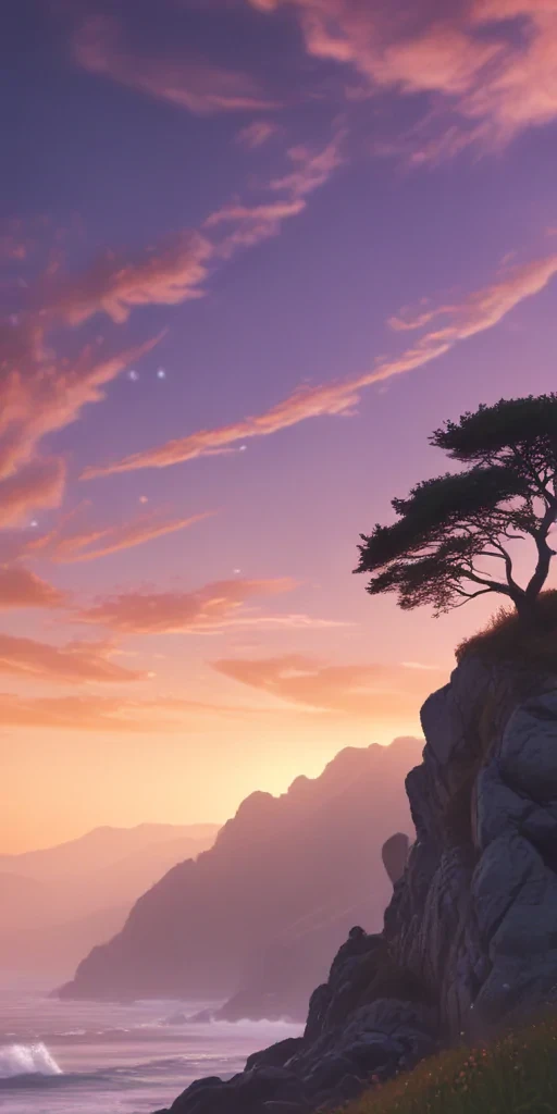 Serene Sunset Over a Coastal Landscape with a Lone Tree Silhouette