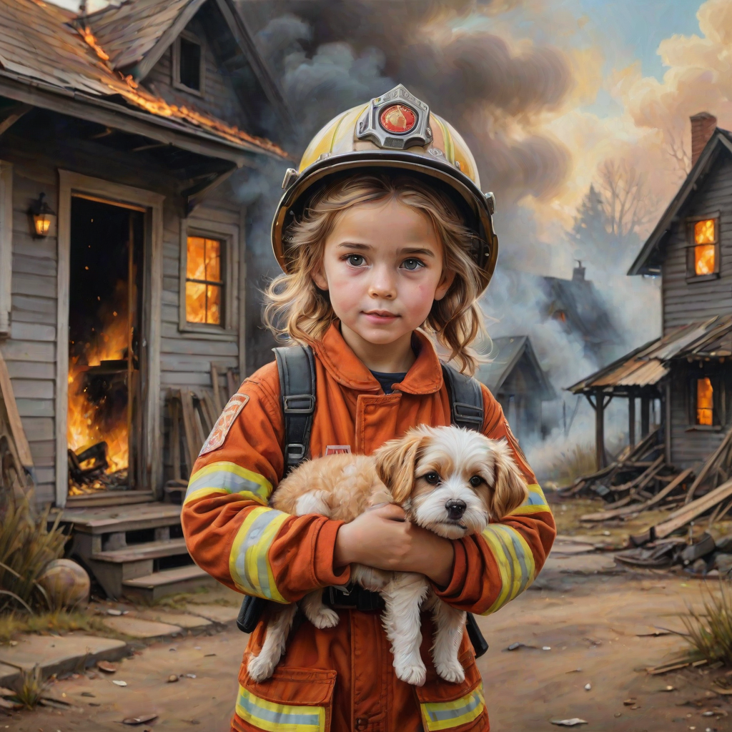 airbrushed oil painting, pixar style, cute little girl in fireman gear, helmet, tousled hair, expressive eyes, standing in the doorstep of a cottage burning behind him, holding a cute little dog in her arm, atumn sky