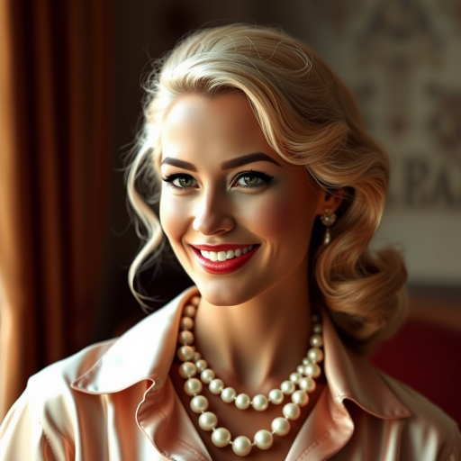 A beautiful Maori woman reminiscent of 1950s Hollywood glamour, with perfectly styled blonde hair and a seductive smile, dressed in a satin blouse and adorned with pearls, soft and warm tones, photorealistic, 8K
