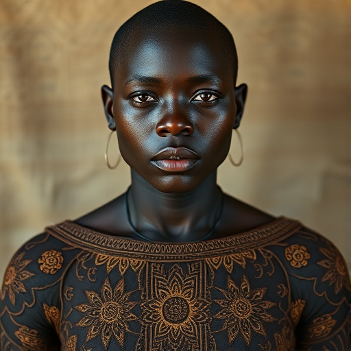 Face, shoulders, chest covered in openwork Yoruba embroidery. Raw, unedited image.