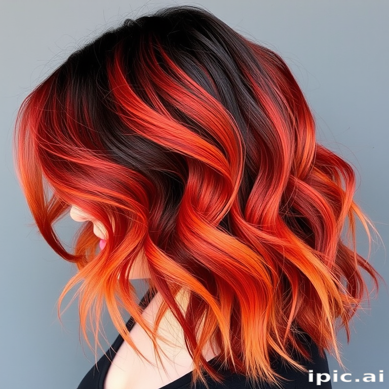 Dramatic Volcanic Ombre Waves boasting a striking transition from deep charcoal black roots to fiery red and orange tips styled in loose tousled waves reminiscent of flowing lava