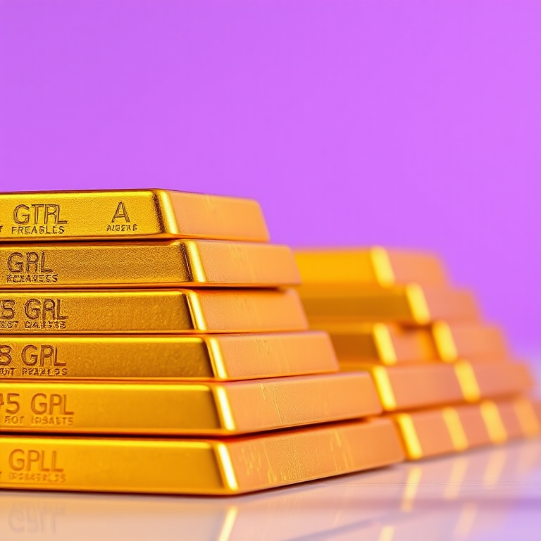 Create an image of a stack of gleaming gold bars arranged neatly, with a soft purple gradient background, using a DSLR camera with a 50mm lens at f/2.8, ISO 100, and a shallow depth of field for enhanced focus and detail.