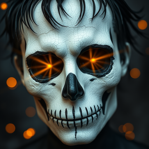 Create image featuring a close-up of a face painted like a skull. The skin is predominantly white with textured, cracked paint. The eye sockets are painted black, blending into the natural shadows of the eyes, creating a deep, hollow look. Bright, intense golden-yellow lights radiate from the eyes, casting a warm glow that contrasts with the cold, esoteric background. The nose is painted black in the shape of a spade. The mouth area features black lines extending from the corners, resembling a stitched effect. The face has sporadic black hair strands that frame it dramatically, adding to the eerie yet captivating feel. The background is blurred and dark, enhancing the focus on the face. Small, glowing orange embers are scattered sporadically across the image, contributing to the mysterious and magical atmosphere. The overall style is hyper-realistic with an emphasis on the contrast between light and dark elements, giving it an almost supernatural