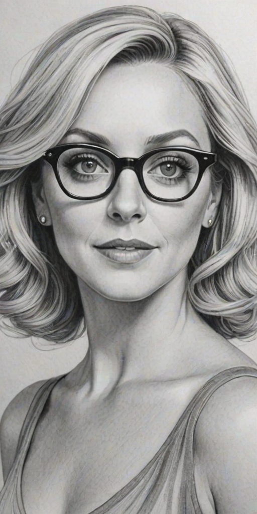 Dazzling Jane Krakowski, pencil sketch, portrait of Bewitching woman 1935s in glasses, hair style beatnik, outline, clear lines, fine lines, 8k