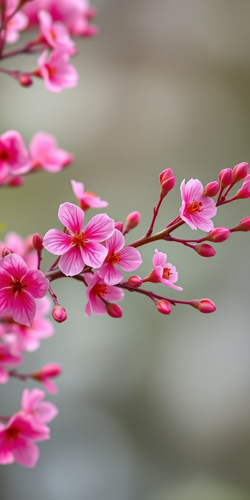 Create a vibrant pink floral branch design with various flowers and buds on a transparent background, captured with a Canon EOS R5 at f/2.8, 1/200 sec, ISO 100, using a macro lens for enhanced detail and color saturation.