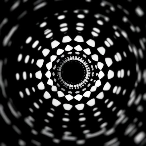 Generate an abstract black and white circular pattern, macro shot, f/2.8, 1/100s, ISO 200, taken with a DSLR camera using a 50mm lens, high contrast with sharp details.