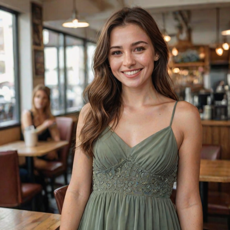 beautiful detailed photograph, brown hair cascading over her shoulders, wearing a dress, standing in cafe looking at the viewer, smiling