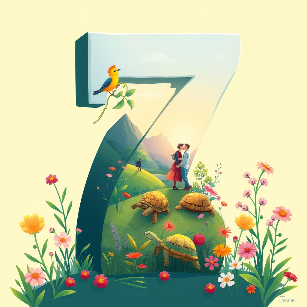Create a vibrant illustration of a large number seven featuring a whimsical scene inside it with a serene landscape, a cheerful bird, a couple in love, a turtle, and blooming flowers, using a DSLR camera with a 50mm lens, f/1.8 aperture, ISO 100, natural lighting, and a bright color palette.