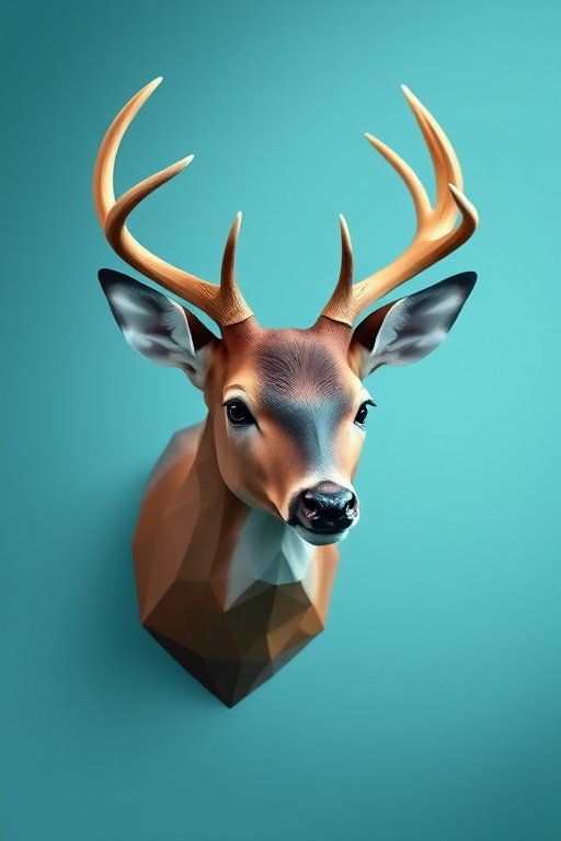 Create a low-poly art piece of a deer head, with a soft gradient background in shades of blue and turquoise, high resolution, captured with a DSLR camera at f/2.8, ISO 100, shutter speed 1/200s, and a 50mm lens, using a shallow depth of field to enhance details.