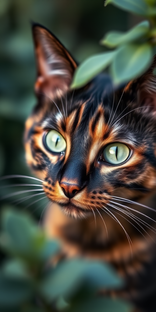 A close-up portrait of a tortoiseshell cat with striking green eyes amidst soft greenery, captured with a DSLR camera, 50mm lens at f/1.8, ISO 200, natural light for a soft bokeh effect, focusing on the cat's facial features while blurring the background.