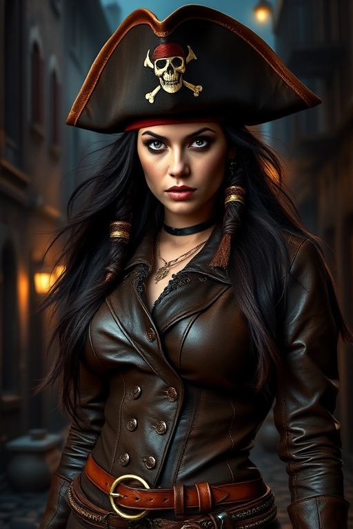 Create a portrait of a fierce female pirate. She wears a leather tricorn hat adorned with a skull and crossbones emblem, and her long, dark hair flows around her face. Her outfit consists of a richly detailed leather jacket, a corset, and multiple layers of belts and accessories, giving her a formidable and stylish appearance. She stands confidently in a dimly lit, historic port town, with a backdrop of weathered buildings and cobblestone streets, capturing the adventurous spirit of a pirate.