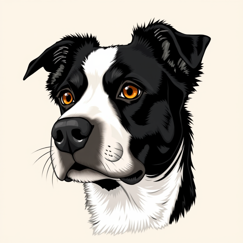 Create a detailed illustration of a black and white dog with striking amber eyes. The dog's face should be prominent and expressive, featuring a mix of fur textures. The background should be a soft, neutral color to enhance the dog's features. The overall style should be bold and graphic, emphasizing the dog's unique characteristics.