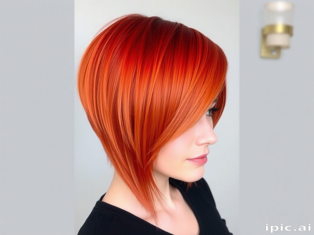 Fiery orange-red hair color in a sleek asymmetrical bob, Phoenix Flame cut, showcasing a sharp angle and vibrant hues reminiscent of burning embers