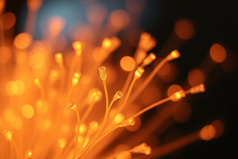 high-quality macro shot of glowing fiber optics with soft warm light, aperture f/2.8, ISO 200, shutter speed 1/60 sec, taken with a DSLR camera from a low angle to capture texture and detail, soft focus background for depth.