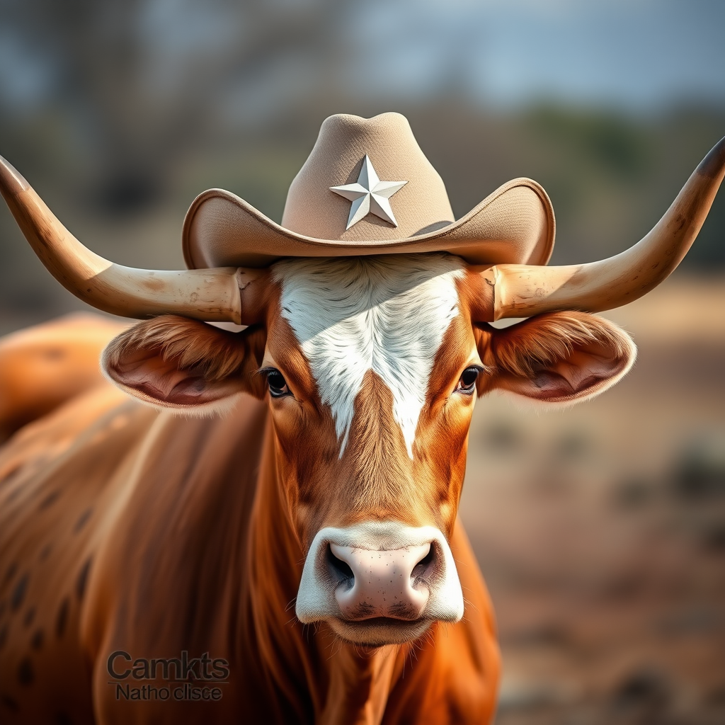 Create a high-resolution image of a longhorn steer wearing a cowboy hat, with a star above its head, photographed using a DSLR camera at f/2.8 aperture, 50mm lens, ISO 100, natural lighting, and a shallow depth of field to enhance focus on the steer while blurring the background.