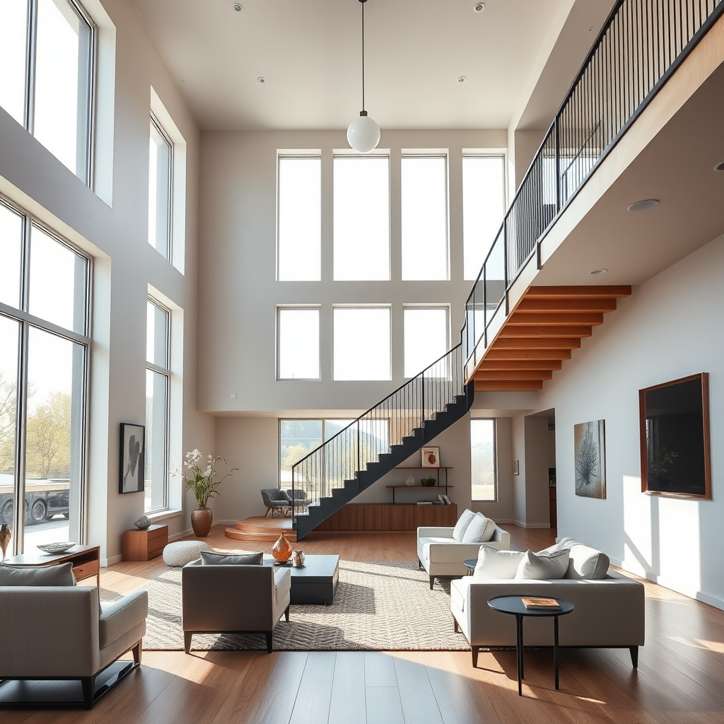 interior of a modern living room with open staircase, natural light streaming through large windows, minimalistic furniture, high-quality textures, subtle color palette, wide-angle lens, aperture f/4, ISO 400, shutter speed 1/60, DSLR camera, bright daytime setting