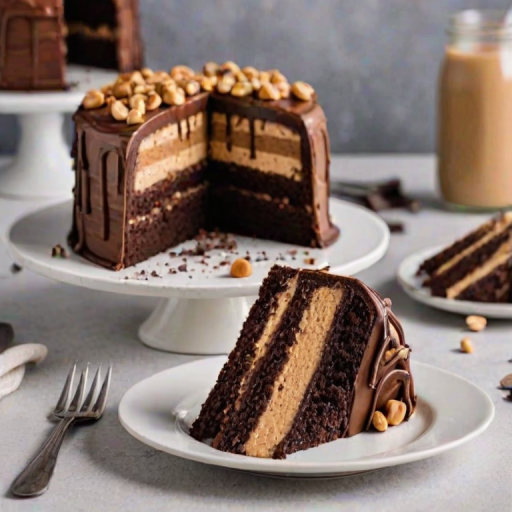Create an image of a slice of layered chocolate cake with a rich frosting, showcasing multiple layers of moist chocolate sponge and creamy peanut butter frosting. The top should be adorned with chocolate candy pieces and a drizzle of caramel sauce, served on a white plate with a blurred background of more cake slices.