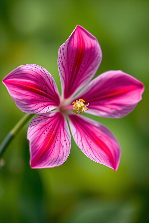 macro shot of a pink and speckled flower on a blurred green background, aperture f/2.8, ISO 100, shutter speed 1/200s, 100mm lens, natural light, DSLR camera