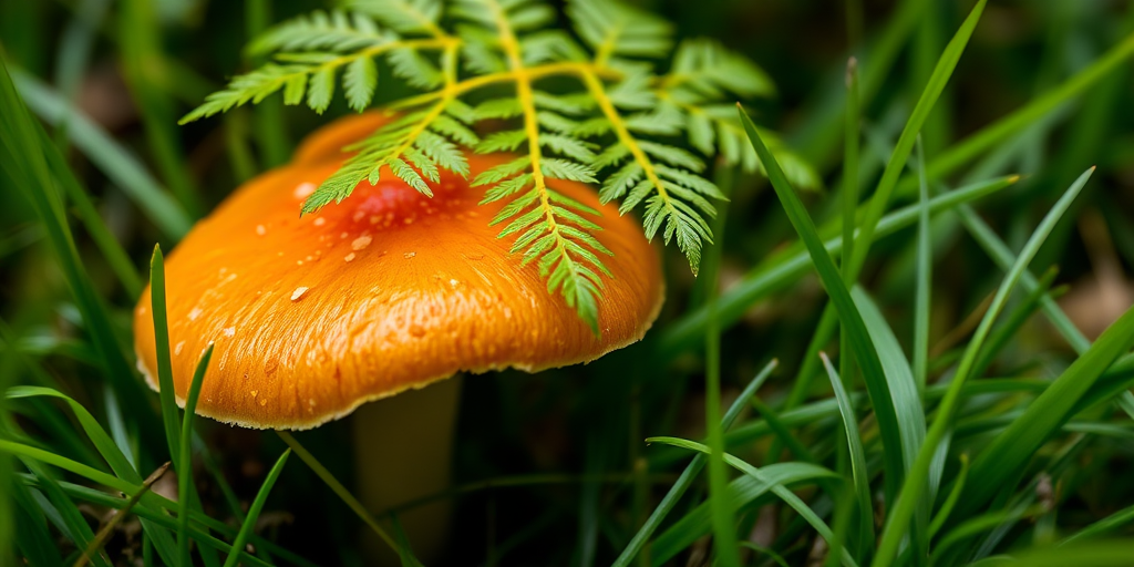 capture a close-up image of a vibrant orange mushroom surrounded by lush green grass and a delicate fern overhead, use a macro lens, aperture f/2.8, ISO 100, shutter speed 1/200 sec, natural light, focus on the mushroom's texture and details.