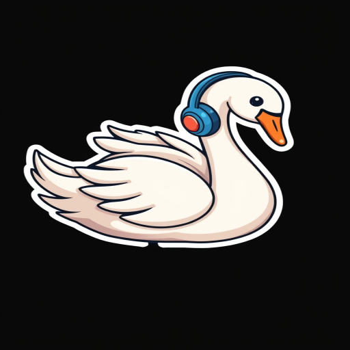 imagine sticker, Happy Colorful Swan wearing Headphones, kawaii, contour, vector, black background