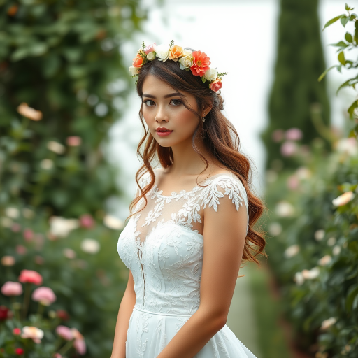 Garden scene, bridal model, delicate lace gown, floral headpiece, soft romantic focus, high-key lighting and an 85mm lens for soft, even tones that highlight the model’s face and bright outfit against a white or light background