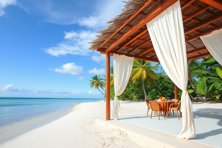 Create a picturesque tropical beach scene featuring a serene, white sandy shore. In the foreground, there's a rustic wooden canopy with white drapes gently flowing in the breeze. Underneath the canopy, a table is set with tropical decor, evoking a sense of relaxation and leisure. The beach extends into a calm, shallow water area with reflections of the sky and surroundings. Palm trees and lush greenery line the edge of the beach, providing a natural, tropical backdrop. The sky is clear with a few scattered clouds, and the overall atmosphere is tranquil and inviting, perfect for a peaceful retreat.