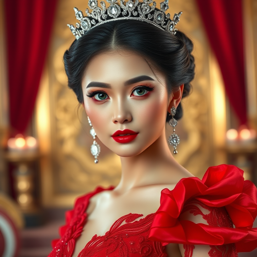 A gorgeous Vietnamese woman in a luxurious red gown, accessorized with a dazzling tiara and statement earrings, her deep cyan eyes highlighted by impeccable makeup, poised in a royal setting, photorealistic, 8K quality