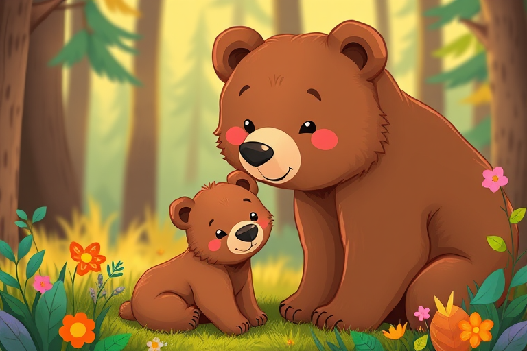 create a cute illustration of a brown bear and her cub in a vibrant forest setting, soft focus, bright colors, f/4 aperture, 50mm lens, DSLR camera, natural lighting