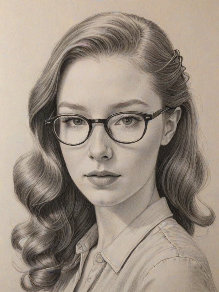 Lovely Annalise Basso, pencil sketch, portrait of Elegant woman 1948s in glasses, hair style beatnik, outline, clear lines, fine lines, 8k