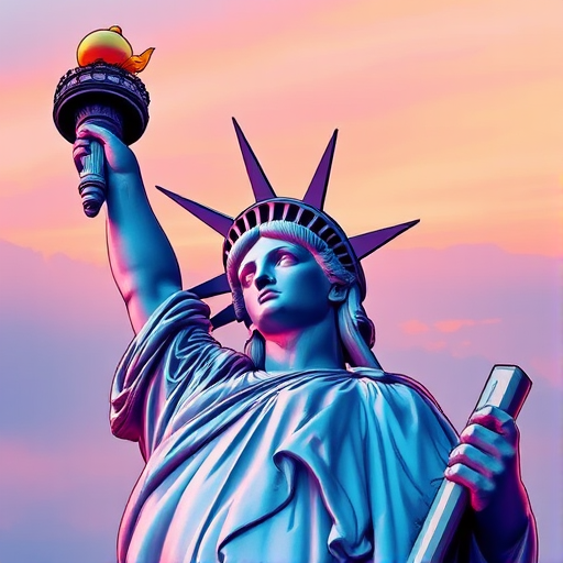 Generate a high-resolution illustration of the Statue of Liberty with a focus on vibrant colors and details, using a 50mm lens, f/8 aperture, ISO 100, and a wide-angle view for enhanced clarity and depth.