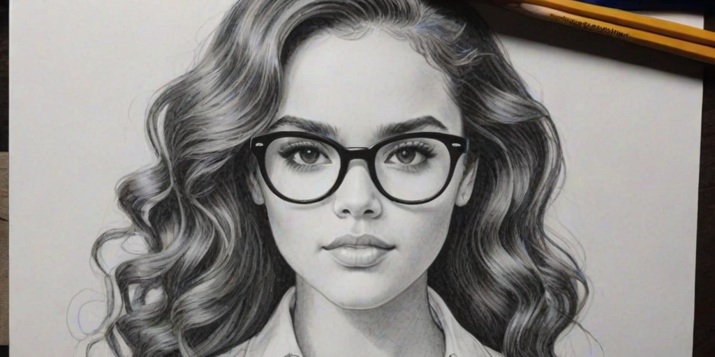 Captivating Madison Pettis, pencil sketch, portrait of Radiant woman 1965s in glasses, hair style beatnik, outline, clear lines, fine lines, 8k