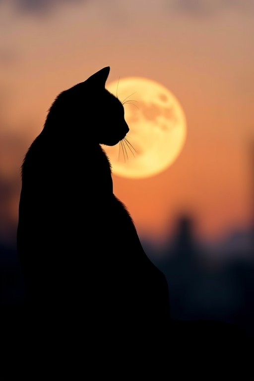 Generate an illustration of a stylized black cat silhouette with a crescent moon, captured with a Canon EOS R5 at ISO 100, f/2.8 aperture, 50mm lens, in a soft focus view for a dreamy effect.
