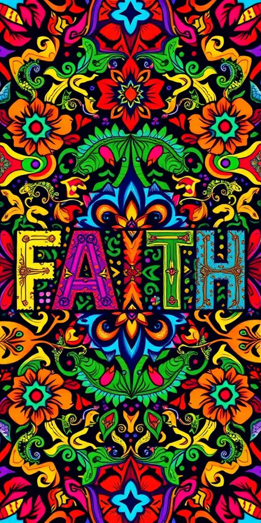Create a vibrant, colorful illustration of the word "FAITH" filled with intricate patterns and designs, use a Canon EOS R5 with a 50mm lens, aperture set at f/2.8, ISO 100, focusing on vibrant colors, high saturation, and sharp details, top-down view for complex pattern visibility.