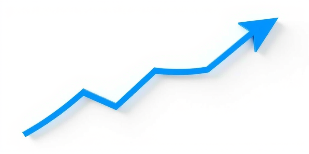 Create a sleek, modern upward trend graph with a gradient blue arrow on a white background, using a Canon EOS 5D Mark IV, aperture f/4, ISO 100, 50mm lens, in a high dynamic range setting for enhanced detail and clarity.