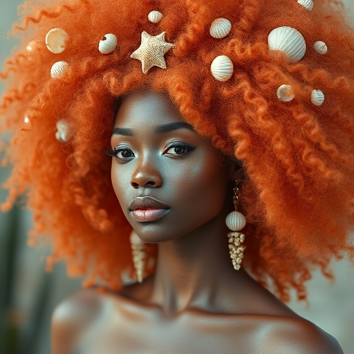 Captivating coral-haired muse with a voluminous, curly afro adorned with delicate seashells and iridescent accents