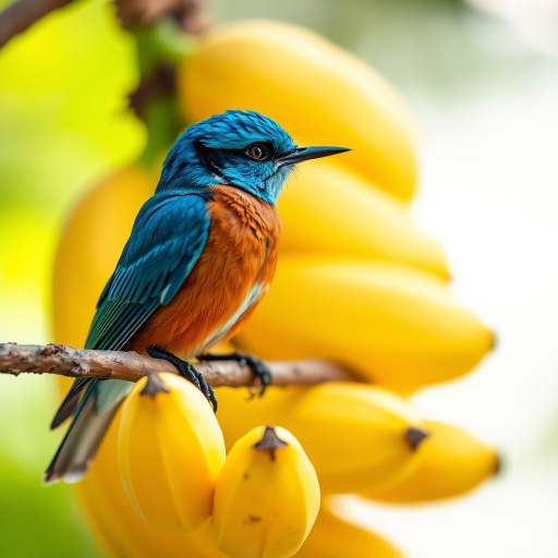 Capture a vivid close-up of a blue bird perched on a branch next to yellow bananas, using a Canon EOS R5 with an f/2.8 aperture, ISO 200, 1/500 sec shutter speed, shot in natural light with a shallow depth of field for a blurred background effect.