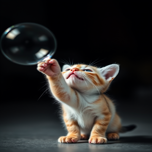 A playful kitten reaching for a bubble in a dark setting, sharp focus on the kitten, soft background blur, natural lighting, ISO 100, f/2.8, 1/200 sec shutter speed, macro lens, DSLR camera.