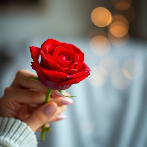Capture a close-up image of a person holding a single vibrant red rose in a softly lit environment, using a DSLR camera with a 50mm lens, f/1.8 aperture, ISO 100, and a shallow depth of field to create a dreamy bokeh background.
