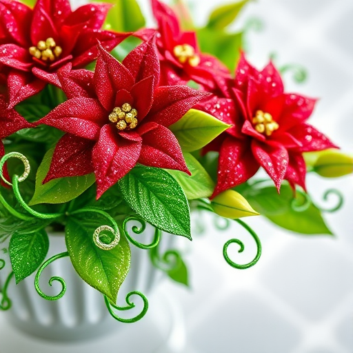 Create an image of a decorative floral arrangement featuring glittery poinsettias and green swirls on a transparent background, using a DSLR camera with a macro lens at f/2.8, 50mm focal length, 1/200 sec shutter speed, and ISO 100 for enhanced detail and clarity.