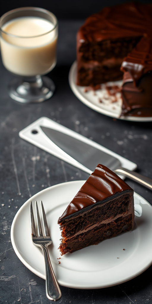 A slice of rich chocolate cake on a white plate with a fork beside it the cake has a glossy chocolate ganache and layers visible the background is a dark textured surface with a soft focus on a cake server and a glass of milk