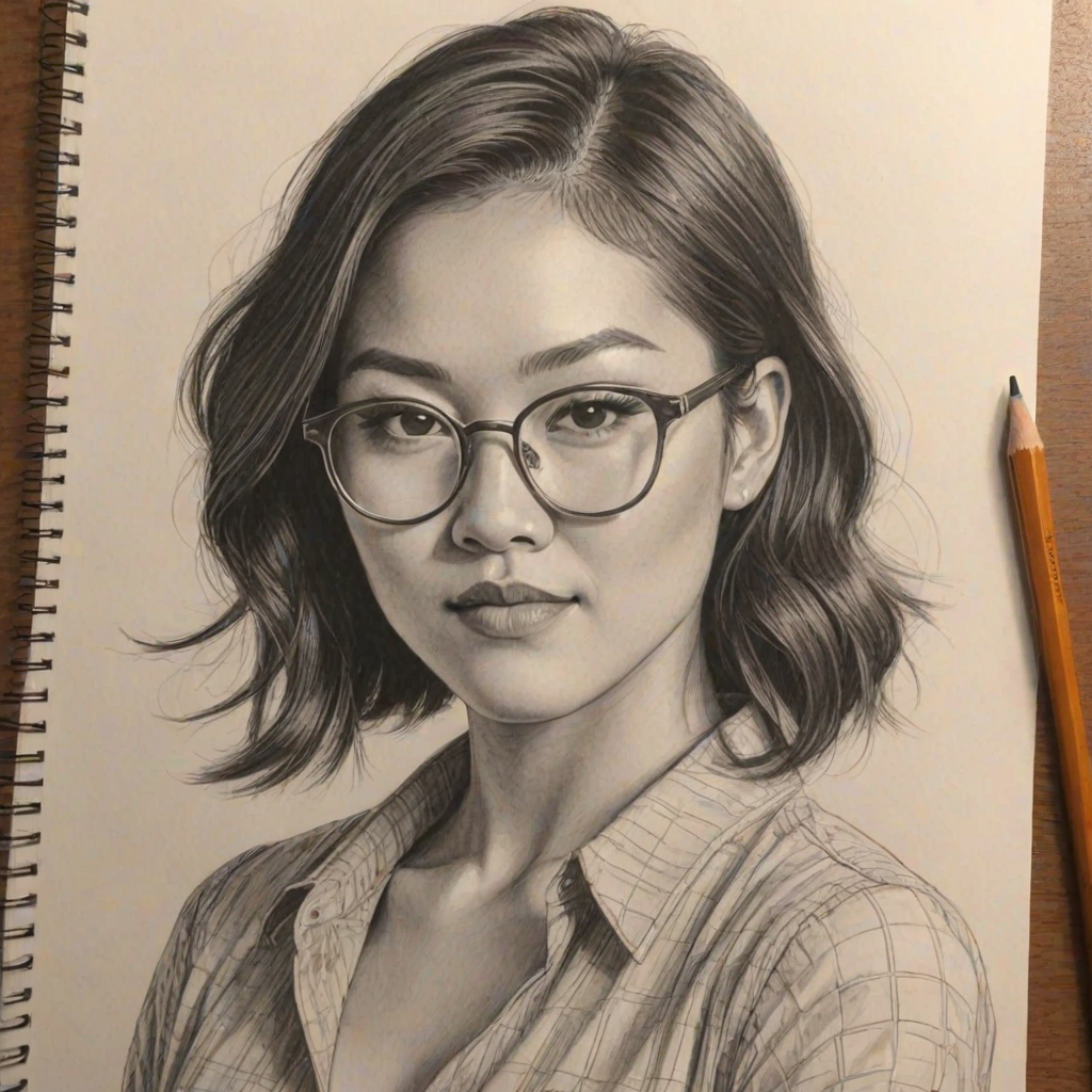 Splendid Ally Maki, pencil sketch, portrait of Magnificent woman 1929s in glasses, hair style beatnik, outline, clear lines, fine lines, 8k