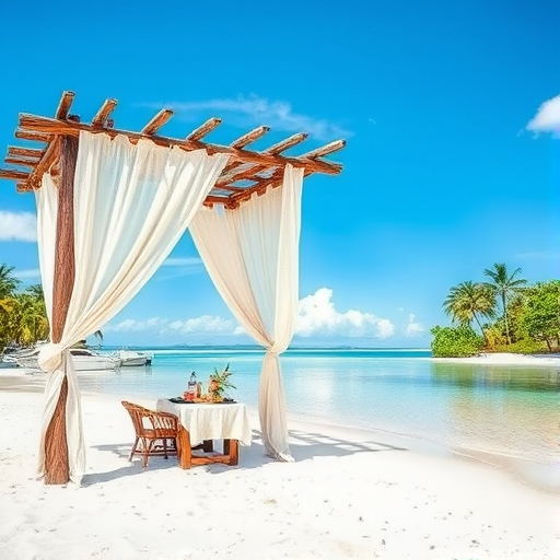 Create a picturesque tropical beach scene featuring a serene, white sandy shore. In the foreground, there's a rustic wooden canopy with white drapes gently flowing in the breeze. Underneath the canopy, a table is set with tropical decor, evoking a sense of relaxation and leisure. The beach extends into a calm, shallow water area with reflections of the sky and surroundings. Palm trees and lush greenery line the edge of the beach, providing a natural, tropical backdrop. The sky is clear with a few scattered clouds, and the overall atmosphere is tranquil and inviting, perfect for a peaceful retreat.