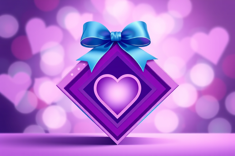 Create a vibrant illustration of a diamond-shaped gift box adorned with a blue bow, featuring concentric purple and lavender layers with a heart cutout in the center, set against a soft bokeh background with varying shades of purple, captured with a Canon EOS 5D Mark IV, 50mm lens, f/1.8 aperture, ISO 100, natural light for enhanced detail.