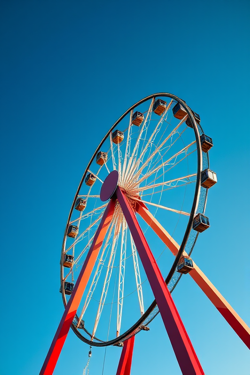 Ferris wheel against a clear blue sky, shot with a DSLR camera using a 50mm lens, aperture f/8, ISO 100, 1/2000s shutter speed, vibrant colors, high contrast, and a low angle view for dramatic effect.