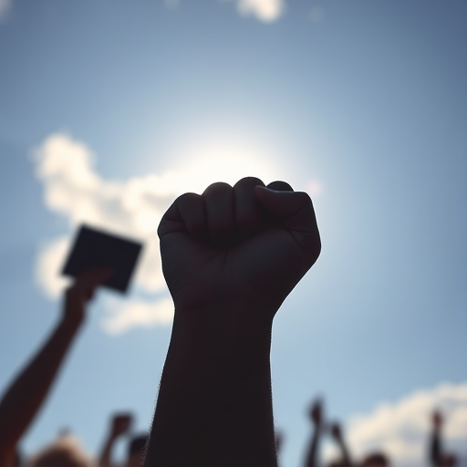Create a digital illustration of a raised fist in solidarity, captured from a low angle perspective, using a high-resolution camera with a 50mm lens, f/1.8 aperture, 1/200s shutter speed, and natural lighting to enhance the contrast and detail in the silhouette.