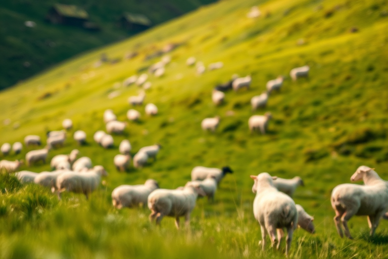regenerate a lush green hillside scene with a flock of sheep grazing, soft natural lighting, depth of field focus on the sheep, f/2.8 aperture, shutter speed 1/250s, ISO 100, shot with a DSLR camera from a slightly elevated angle capturing the vibrant landscape and texture of the sheep's wool